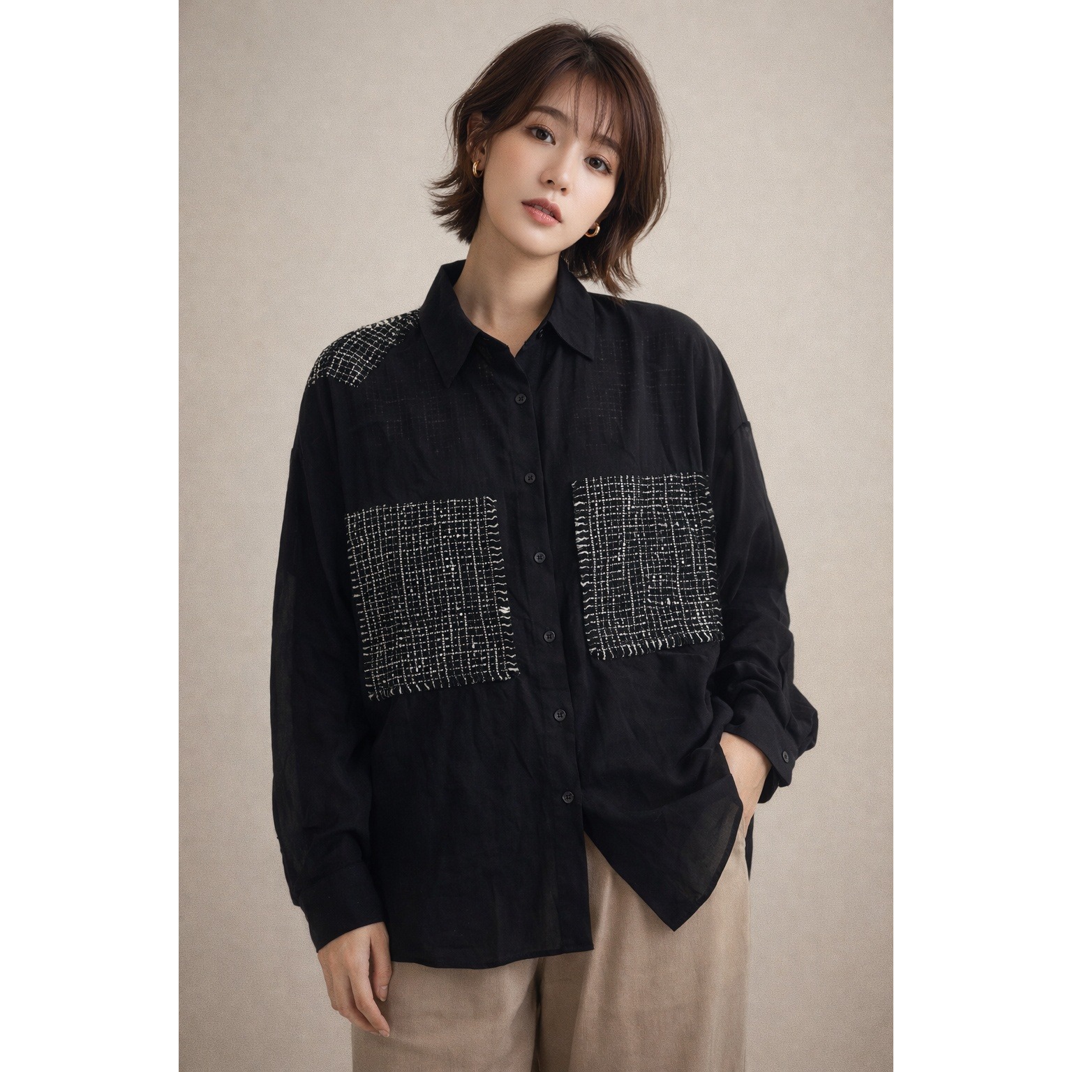 Zara Shirt Women Medium Black Tweed Patchwork Grunge Sheer Button Up